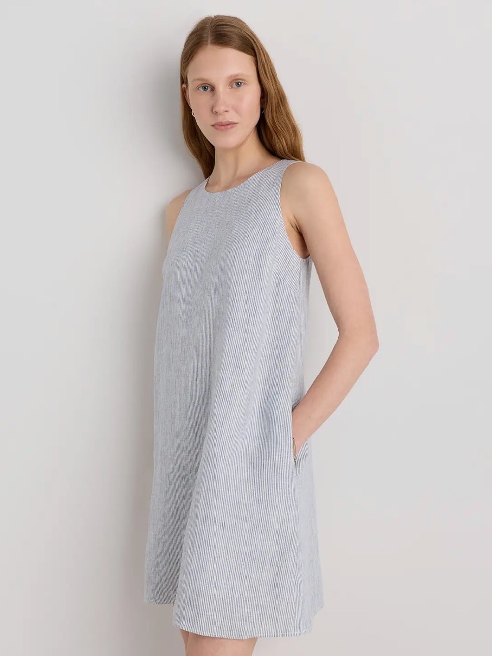 Quince Blue Pinstriped Linen Tank Dress New, Never Worn Pockets Lined - Picture 3 of 7
